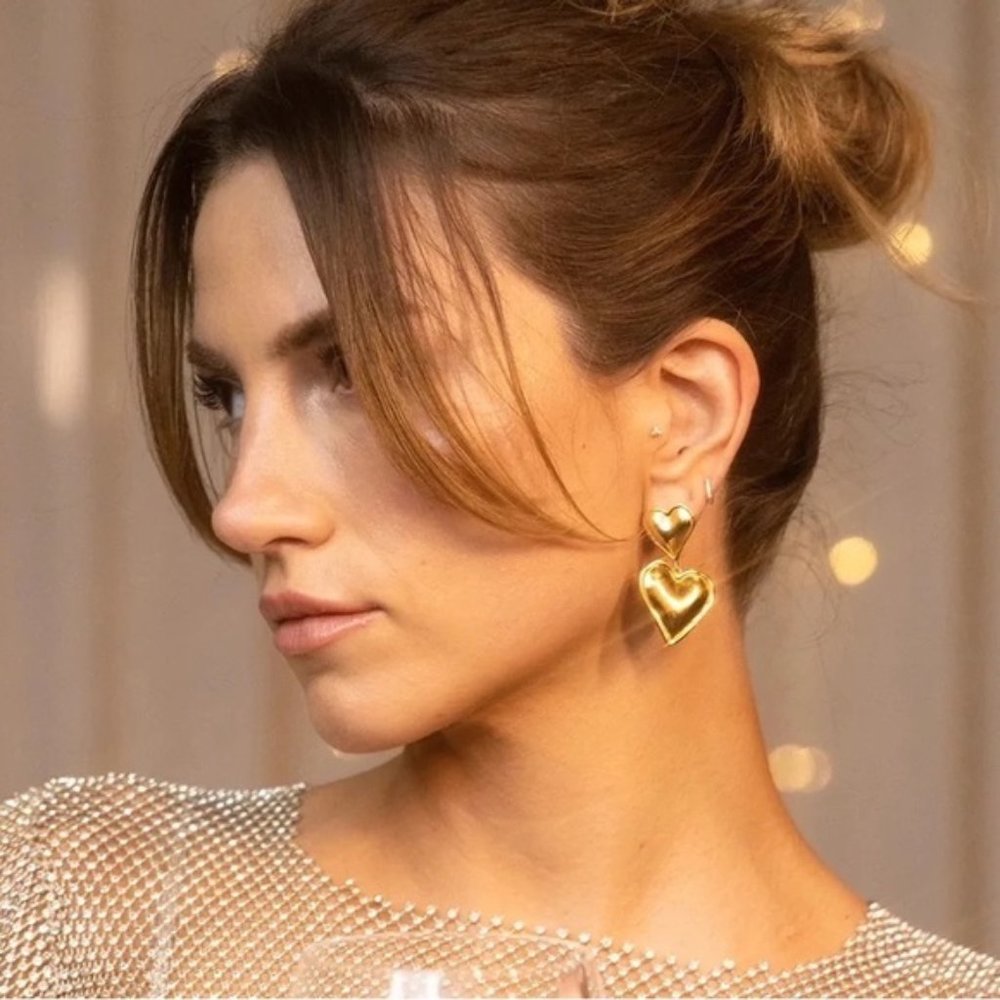 18k Gold Plated Double Heart Pendant Drop Earrings